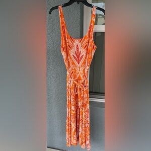 Loft Sleeveless Stretchy Orange Belted Paisley Print Midi Dress Size L